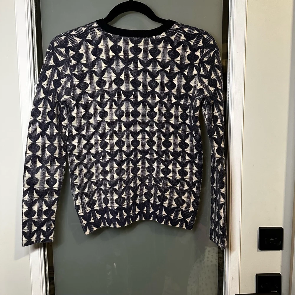 TORY BURCH Sweater Size XS Navy Cream Patterned Merino Wool